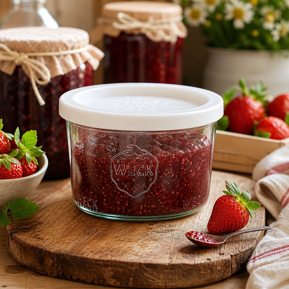 Bicchiere da 200 ml con coperchio salvafreschezza WECK RR80 Vaso da conserva WECK RR80 da 200 ml pieno di marmellata di fragole su una tavola di legno rustica accanto a fragole fresche