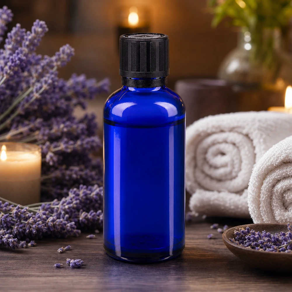 Fialetta di vetro blu da 50 ml con tappo contagocce, tra fiori di lavanda e accessori per il benessere