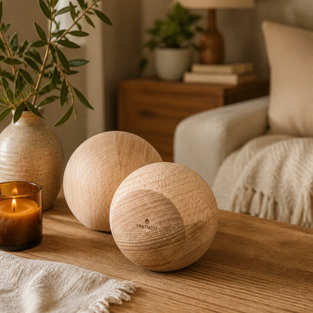 I baubles in legno di faggio UNiTWIST in un ambiente accogliente - decorazione elegante su un tavolo di legno accanto a una candela