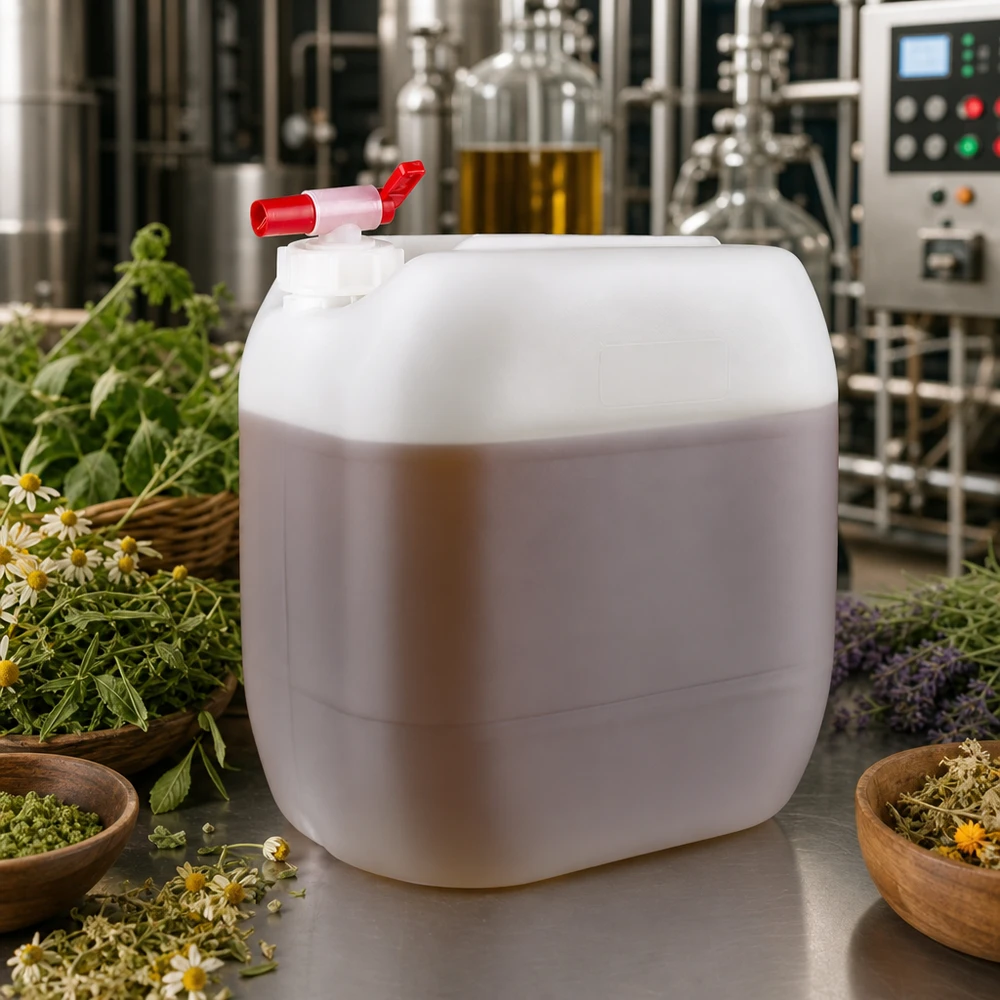 Tanica da 30 litri con rubinetto di scarico Tanica da 30 litri con rubinetto di scarico, circondata da erbe aromatiche fresche e da un impianto di distillazione