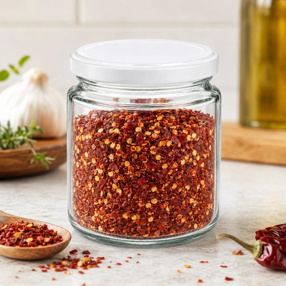Vasetto per miele da 350 g con capsula bianca BasicSeal UNiTWIST Vasetto di miele da 250 ml con coperchio BasicSeal bianco riempito di fiocchi di spezie al peperoncino rosso in una scena di cucina mediterranea