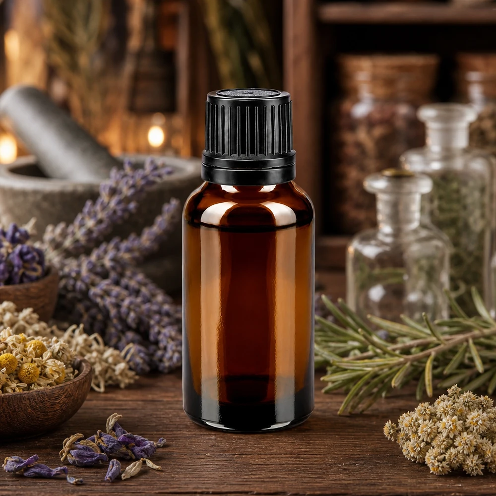 Flacone di vetro da 20 ml color ambra con tappo nero OV, circondato da lavanda ed erbe medicinali