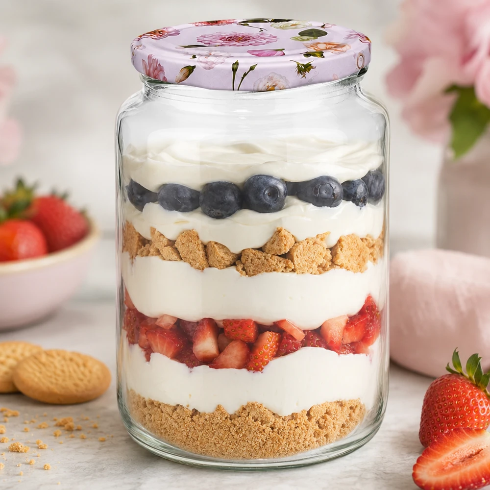 Barattolo rotondo da 795 ml + coperchio BasicSeal rosa fiore UNiTWIST Vasetto rotondo da 795 ml con dessert a strati yogurt bacche biscotti BasicSeal coperchio rosa fiori vasetto da dessert cucina