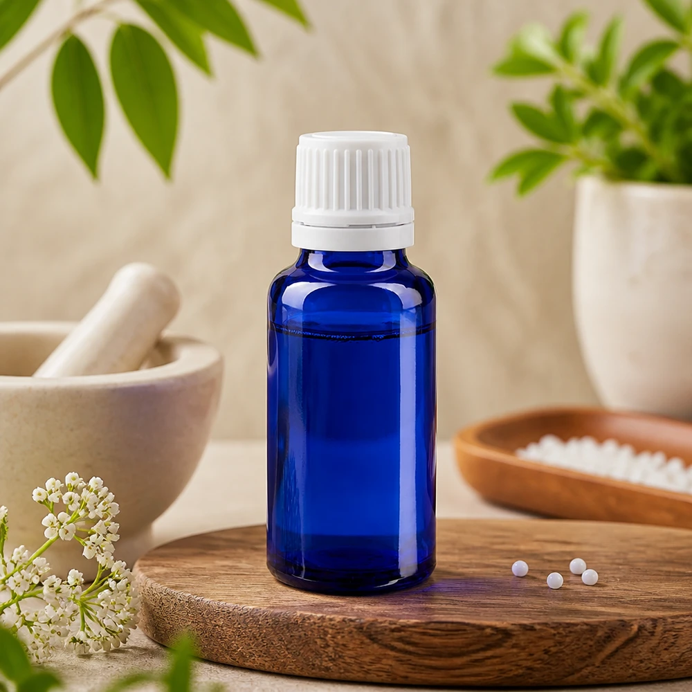 Flacone da farmacia da 20 ml blu cobalto con tappo a vite bianco, appoggiato su un tagliere di legno accanto a granuli omeopatici