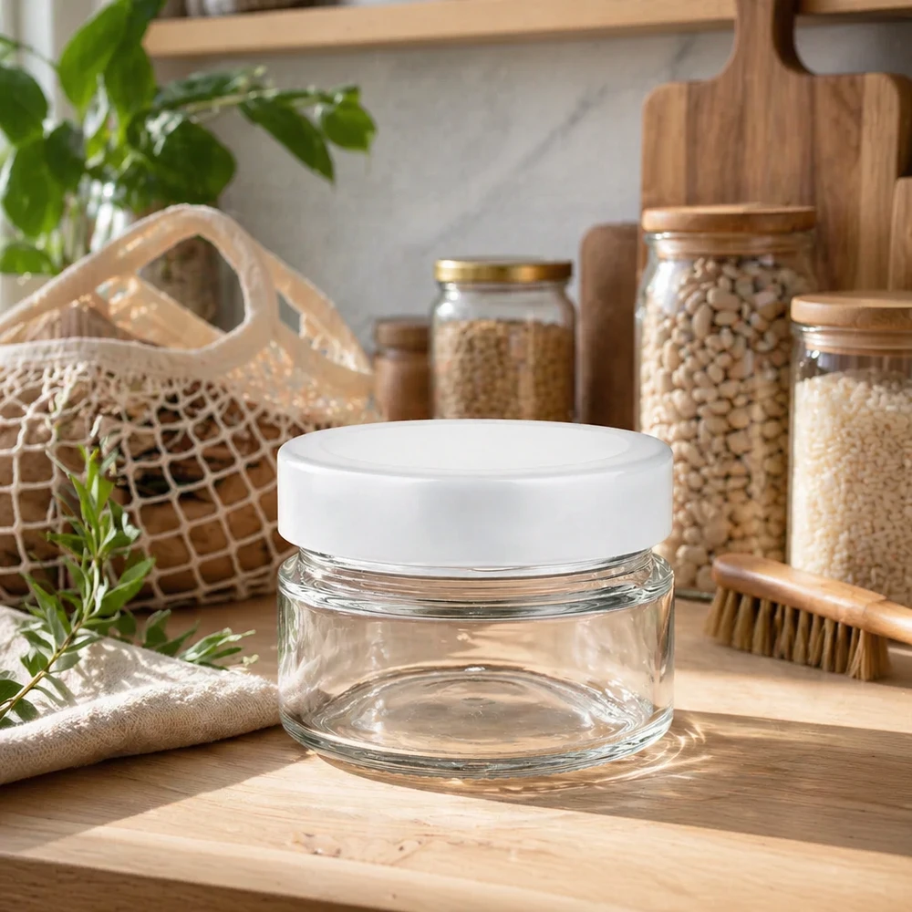 Barattolo rotondo da 80 ml con coperchio BasicSeal bianco profondo UNi... 80ml Rundglas mit BasicSeal Deckel auf Holzbrett in nachhaltiger Zero-Waste-Küche mit Vorratsglasern