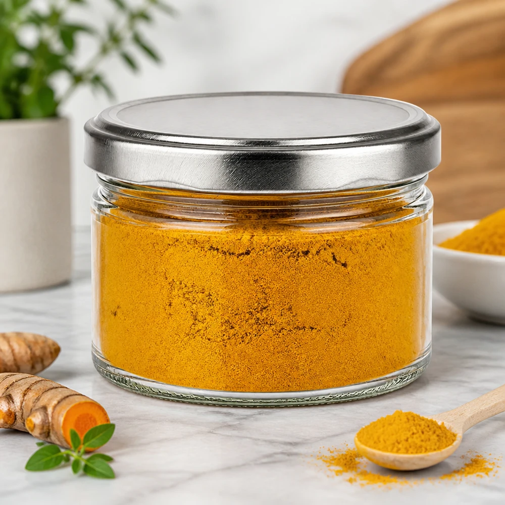 Vaso rotondo da 540 ml + coperchio BasicSeal argento opaco UNiTWIST. Vaso rotondo da 540 ml con coperchio d'argento riempito di polvere di curcuma, conservazione di spezie con radici di curcuma fresche