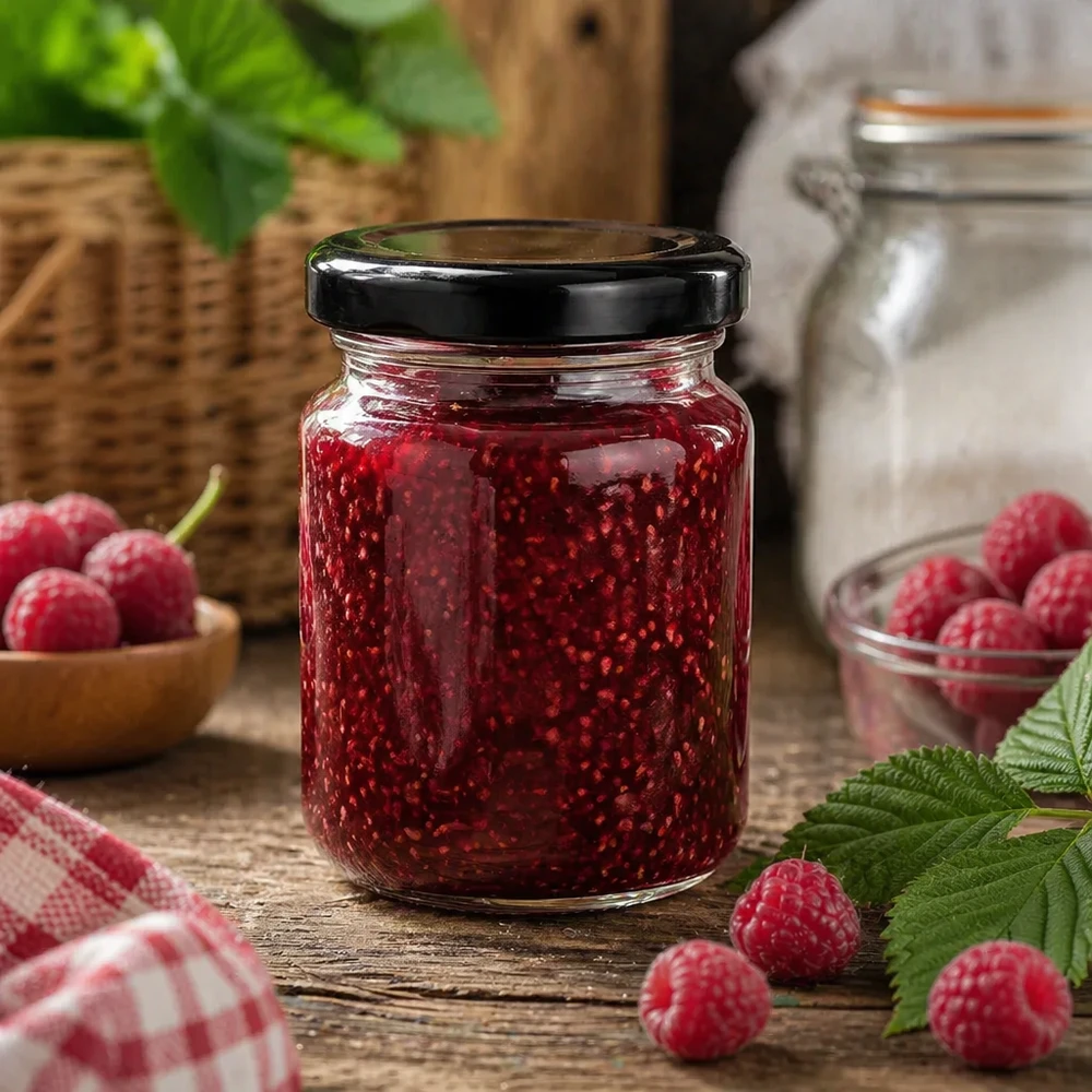 Barattolo rotondo da 53 ml con coperchio BasicSeal nero UNiTWIST. Barattolo rotondo da 53 ml con coperchio nero riempito di marmellata di lamponi Cucina rustica Barattolo di marmellata di frutti di bosco freschi