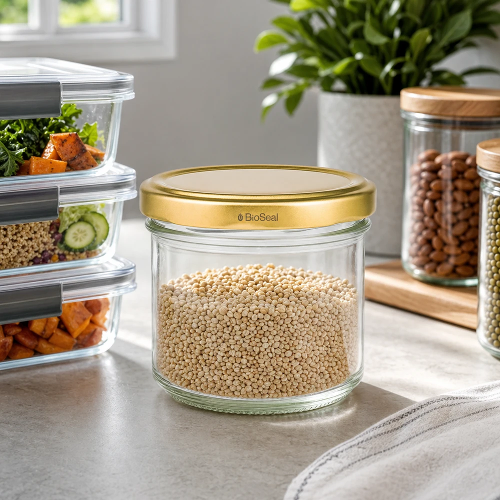 UNiTWIST Sturz125 con coperchio dorato. Coperchio TO66 BioSeal Barattolo UNiTWIST da 125 ml pieno di quinoa - coperchio dorato TO66 in cucina moderna con scatole per la preparazione dei pasti