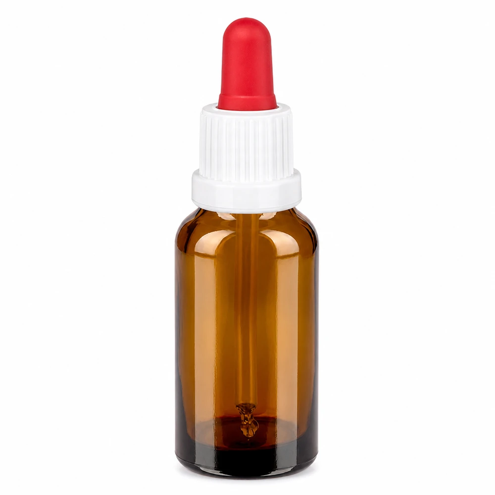 Bottiglia per pipette da 20 ml bianco/rosso OV BrownLine UT18/20 Bottiglia a pipetta 20ml in marrone per laboratorio e cosmetica con preciso sistema di contagocce