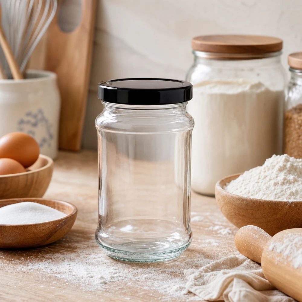 Barattolo rotondo da 390 ml con coperchio BasicSeal nero UNiTWIST Barattolo rotondo da 390 ml con coperchio nero BasicSeal in cucina con ingredienti da forno - versatile barattolo per la conservazione di farina e co