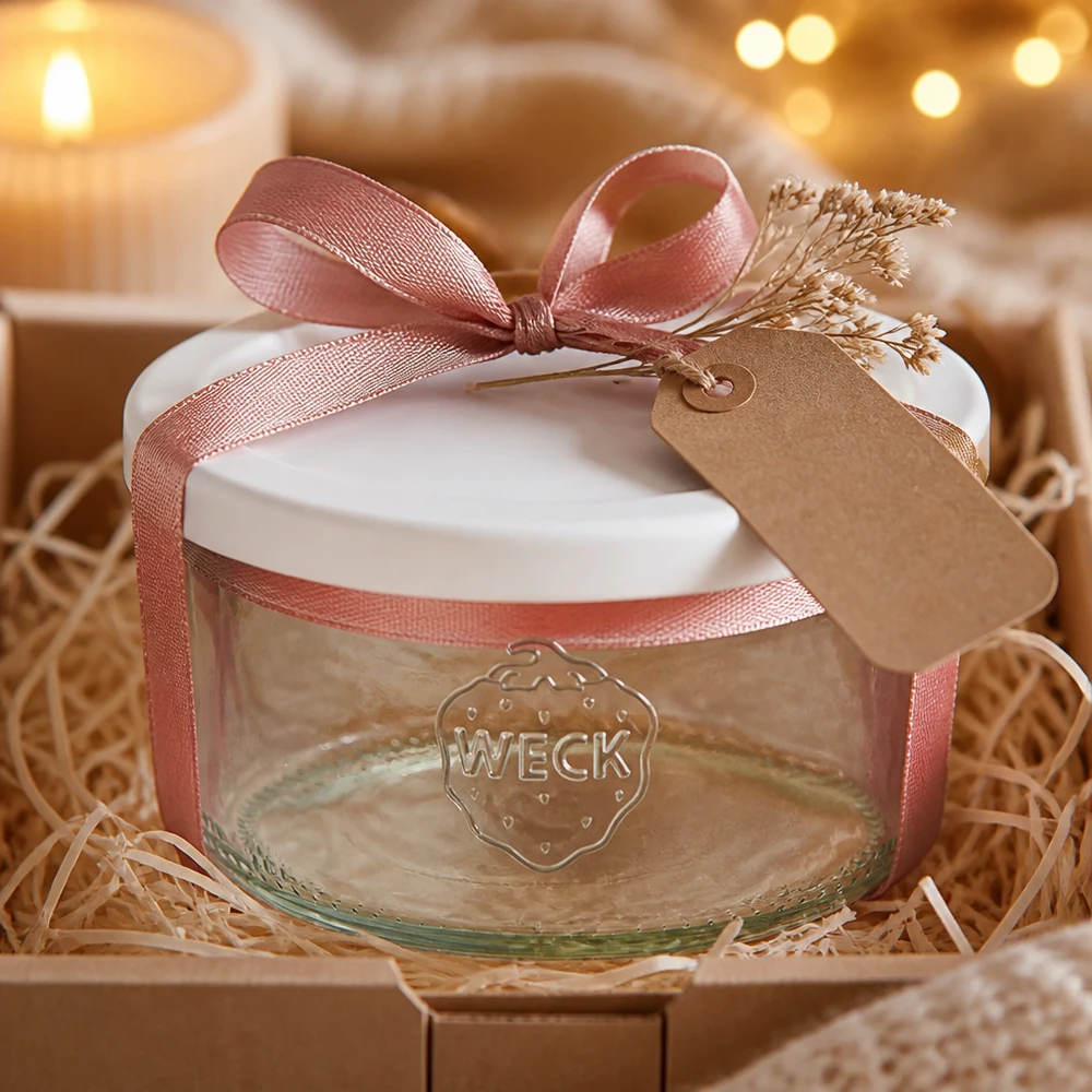 Bicchieri da 165 ml con coperchio salvafreschezza WECK RR80 Bicchieri WECK 165ml RR80 in regalo, decorati con un fiocco rosa e un'etichetta in carta kraft in una confezione rustica