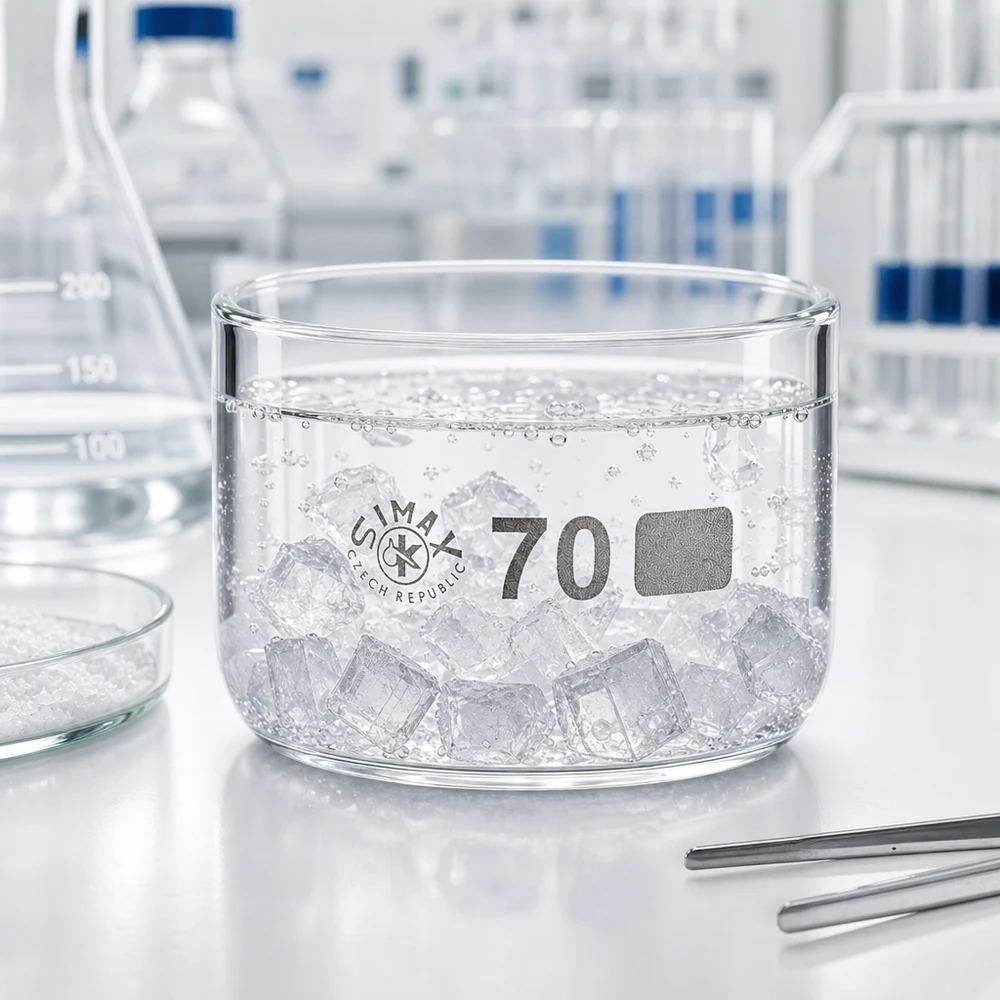 Piatto di cristallizzazione da 100 ml senza beccuccio Bo. ø70mm Vaschetta di cristallizzazione da 100 ml piena di cubetti di ghiaccio in un laboratorio, su un piano di lavoro bianco