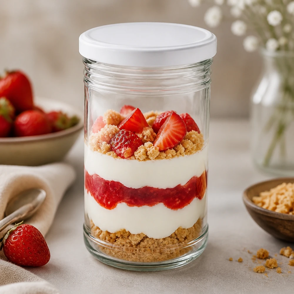 Vaso da 1053 ml con coperchio BasicSeal bianco UN... Bicchieri da 1053 ml come vasetto da dessert con dessert a strati alla fragola e alla panna Coperchio BasicSeal dessert bianco in vasetto