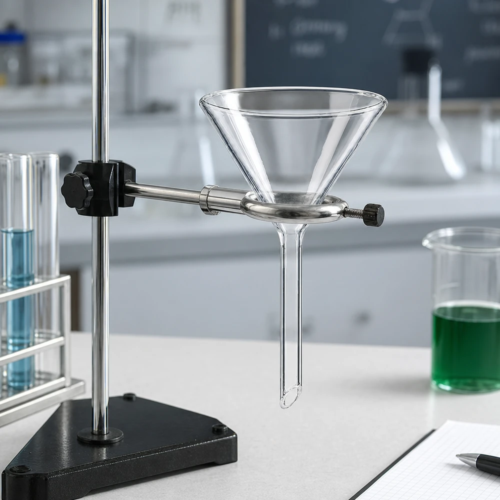 Imbuto Ø 60mm calce sodata, angolo 60°, stile corto Imbuto da laboratorio in robusto vetro soda-lime con impugnatura corta e compatta per un minimo ingombro.