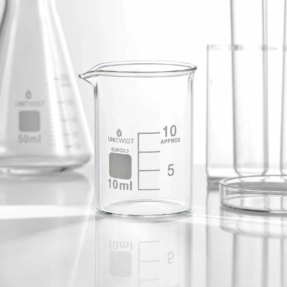 Bicchiere UNiTWIST da 10 ml, forma bassa, in vetro borosilicato 3.3 resistente al calore, con beccuccio