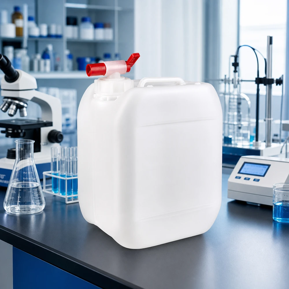 Tanica da 5 litri con rubinetto di scarico Tanica rettangolare da 5 litri con rubinetto rosso su un tavolo da laboratorio, accanto a un microscopio e a un matraccio di Erlenmeyer