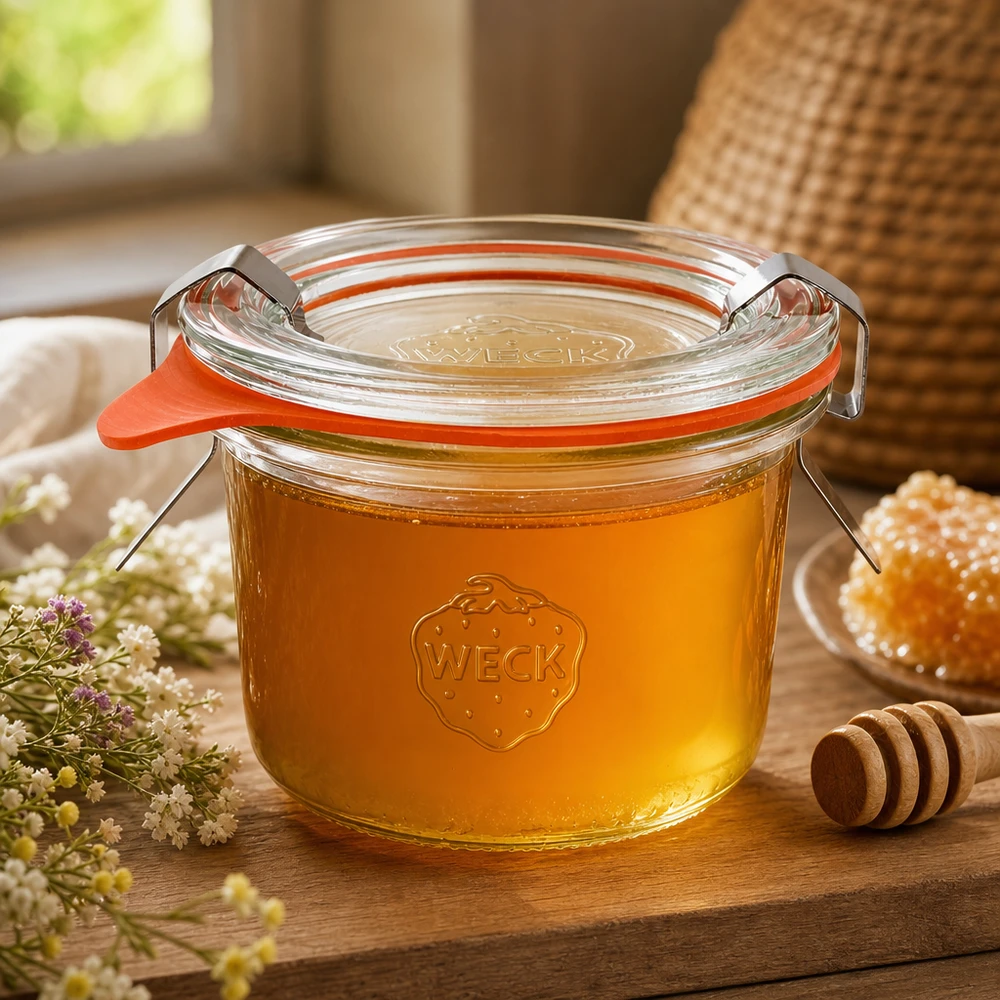 I tumbler WECK 80ml RR60 riempiti di miele e cucchiaio di miele mostrano la conservazione naturale dei prodotti liquidi