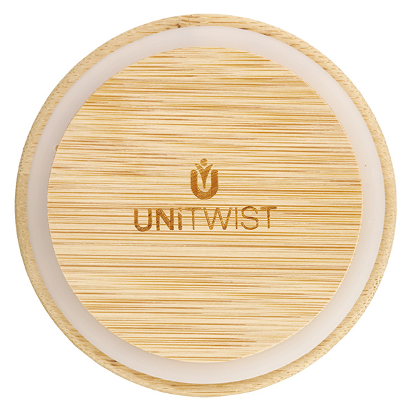 Coperchio in legno versione "A" per WECK RR80 Coperchio in bambù RR80 dall'alto con logo UNITWIST e venature del legno a vista per i barattoli da conserva WECK di diametro 80 mm