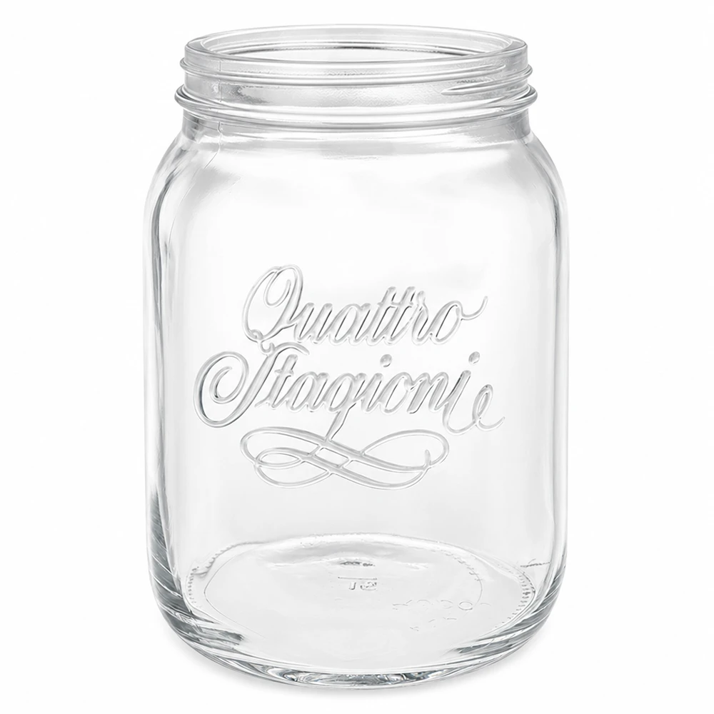Barattolo per la casa Quattro Stagioni 2000ml con logo Barattolo per conserve trasparente senza coperchio su sfondo bianco