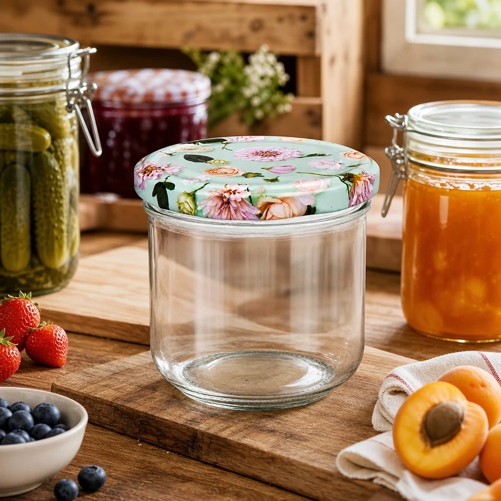 260ml tumbler + BasicSeal coperchio fiore menta UNiTWIST Barattolo mason da 260 ml vuoto con coperchio a fiore BasicSeal menta tra i barattoli da conserva in cucina rustica con frutta fresca