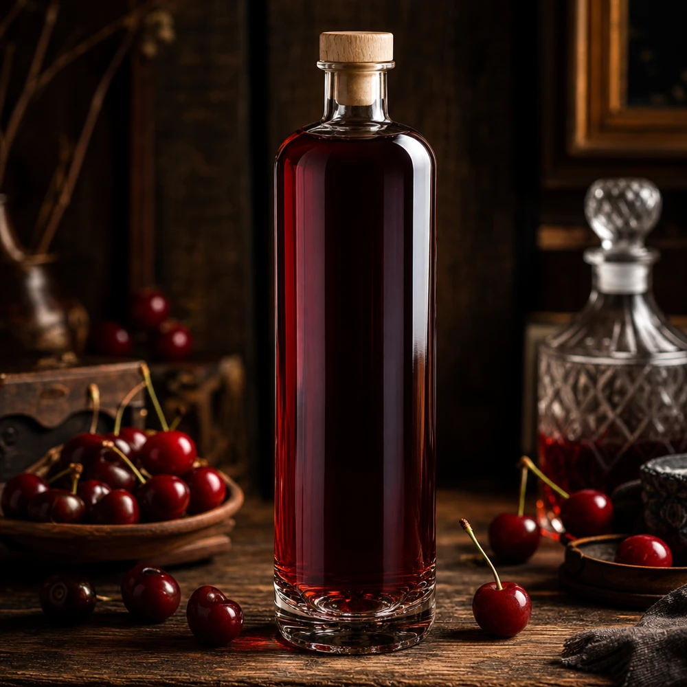 Bottiglia in vetro da 700 ml Ella con tappo in sughero con impugnatura in legno UNiTWIST® Bottiglia in vetro da 700 ml di Ella riempita con liquore alla ciliegia e tappo in legno, in un'elegante atmosfera da distilleria con ciliegie fresche.