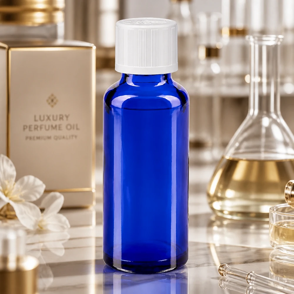 Fiaschetta da laboratorio da 30 ml in vetro blu cobalto con tappo di sicurezza per bambini bianco, in ambiente di laboratorio