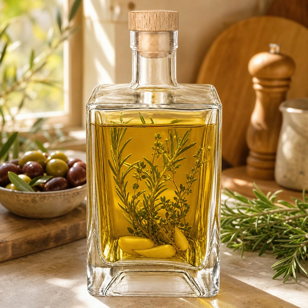 Bottiglia di vetro da 700 ml Ben riempita di olio d'oliva erbe cucina mediterranea rametto di rosmarino olive tappo di legno UNiTWIST