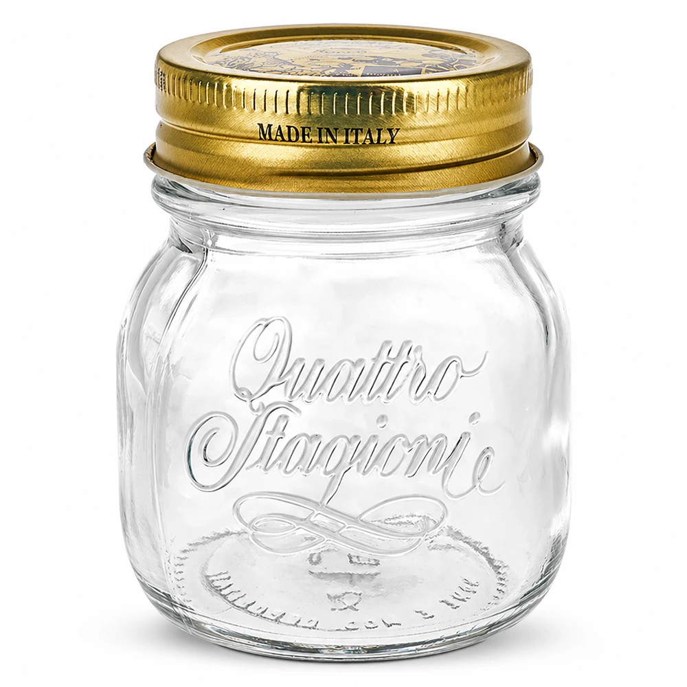 Barattolo rotondo da 150 ml "Quattro Stagioni" con coperchio Barattolo rotondo Quattro Stagioni da 150 ml con coperchio dorato Made in Italy per conservare e inscatolare