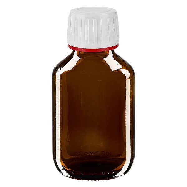 Flacone per medicinali da 100ml marrone, tappo bianco antimanomissione Flacone per medicinali da 100ml marrone, tappo bianco antimanomissione