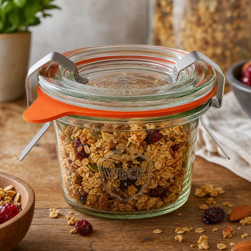 WECK 35ml RR40 mason jar riempito con muesli e frutta secca mostra l'uso versatile come vaso di stoccaggio