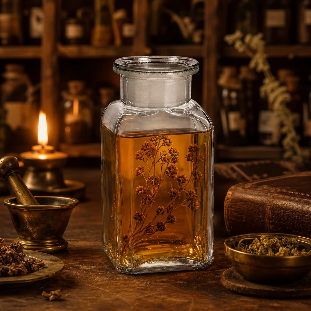 Bottiglia quadrata da 100 ml in vetro trasparente a collo largo con tappo in vetro NS Fiaschetta da farmacia da 100 ml, a collo largo, quadrata, trasparente, con estratto di erbe, in un ambiente storico da farmacia