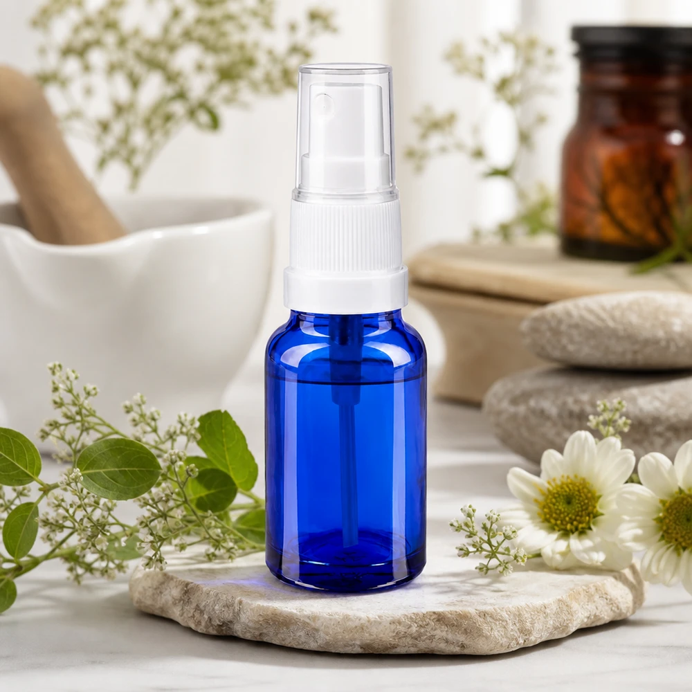 Flacone spray da 10 ml bianco/tr. STD BlueLine UT18/10 Flacone a pompa da 10 ml con design ergonomico e distribuzione uniforme degli spruzzi per l'uso quotidiano