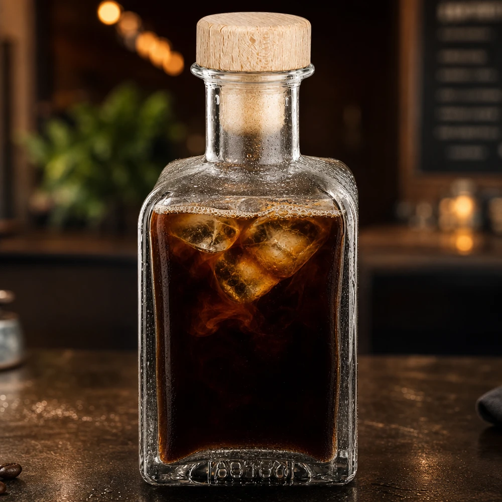 Flacone farmaceutico da 200 ml Clara con tappo in sughero con impugnatura in legno UNiTWIST® Bottiglia di vetro da 200 ml Clara riempita di cubetti di ghiaccio per caffè freddo Tappo in legno Illuminazione d'atmosfera ambiente caffè