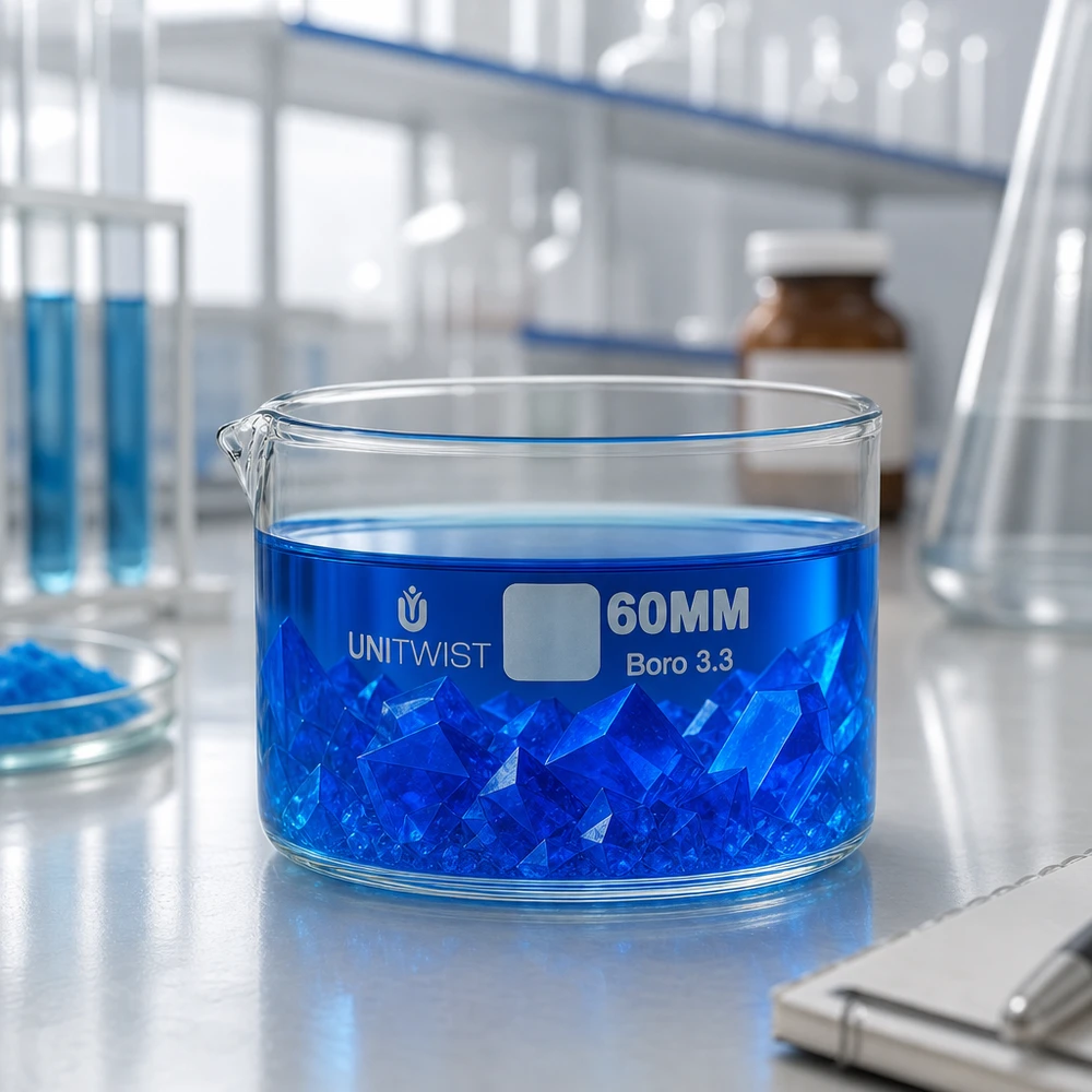 Piatto per cristallizzazione ø60mm in vetro borosilicato UNiTWIST Vaschetta di cristallizzazione UNiTWIST da 60 mm con soluzione blu di solfato di rame e cristalli per uso di laboratorio