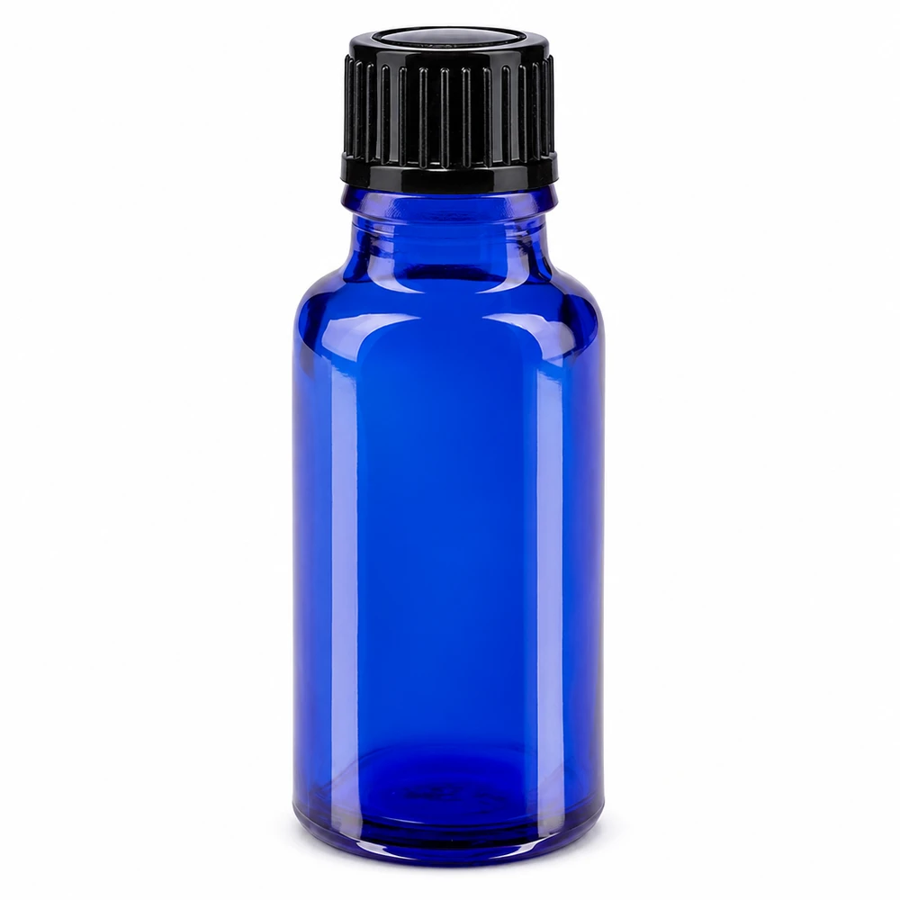 Flacone da farmacia in vetro blu da 20 ml con tappo a vite nero standard da 11 mm