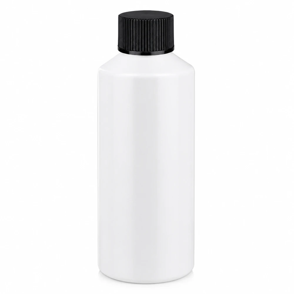 Piccolo flacone farmaceutico bianco in HDPE da 100 ml con tappo a vite nero per liquidi