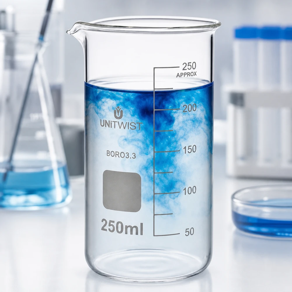 Bicchiere da laboratorio in borosilicato trasparente da 250 ml, forma alta, con soluzione blu e nebbia bianca