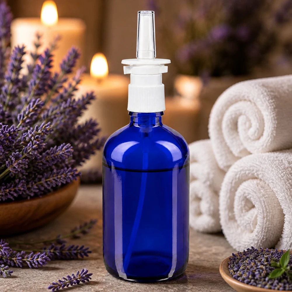 Flacone blu da 100 ml in vetro da farmacia per spray nasale, con erogatore bianco, davanti a fiori di lavanda e candele