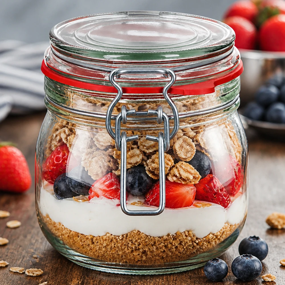 Barattolo per conserve da 634 ml con coperchio basculante, perfetto per creazioni di avena e muesli durante la notte