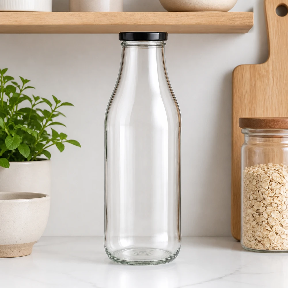 Bottiglia di vetro da 1000 ml + coperchio BasicSeal nero UN.. Bottiglia di vetro vuota da 1000 ml con coperchio nero in una cucina moderna accanto a scaffali di legno e piante aromatiche