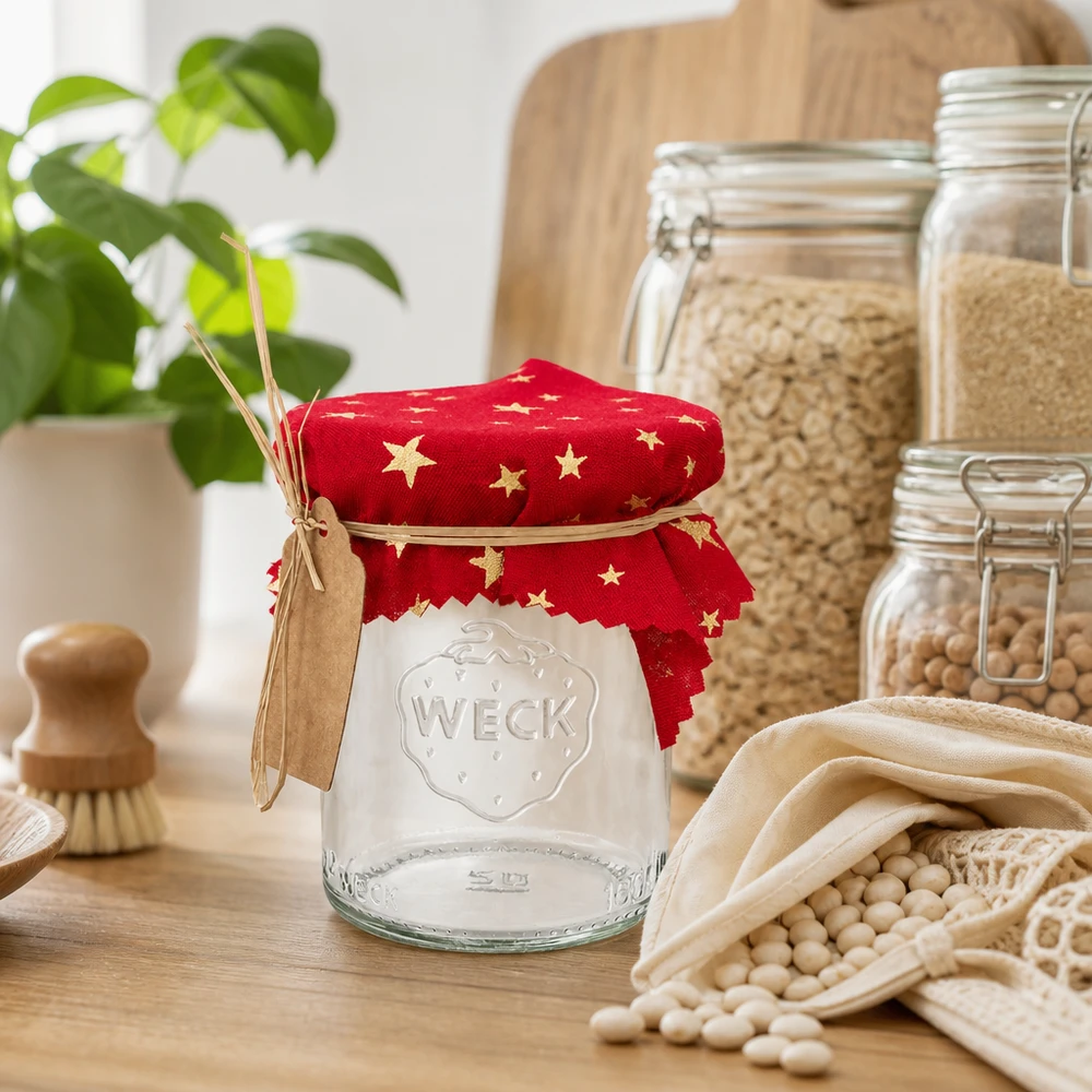 Centrino decorativo rosso con stelle 12cm su vaso WECK in cucina sostenibile a rifiuti zero con legumi