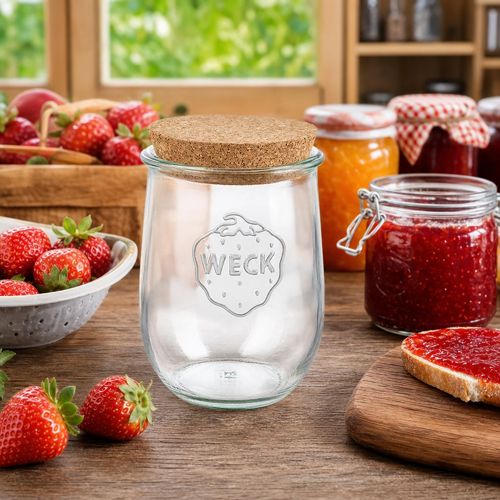 Vaso per tulipani da 1062 ml WECK RR100 con sughero naturale WECK RR100 Vaso tulipano 1062ml Coperchio in sughero Scena di cucina con fragole e marmellata fatta in casa