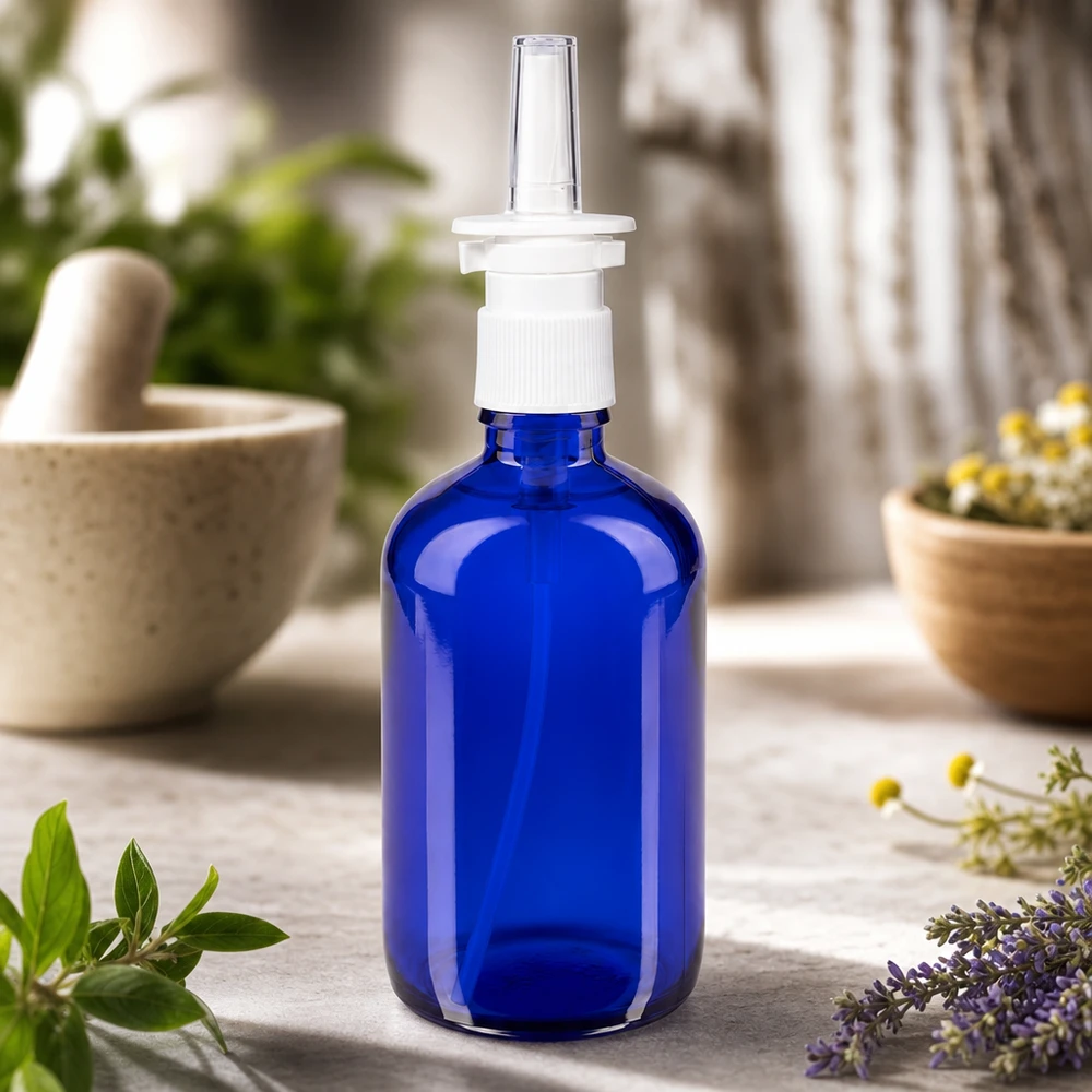 Flacone di vetro blu da 100 ml con beccuccio per spray nasale, posizionato tra il pestello di Morse e le ciotole per le erbe