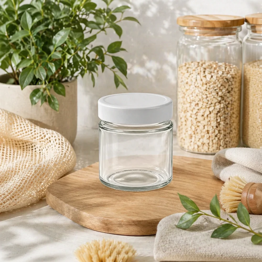 Barattolo rotondo da 135 ml Coperchio BasicSeal bianco sostenibile stile di vita a rifiuti zero Coperchio in bambù Tavola di legno Organizzazione della cucina