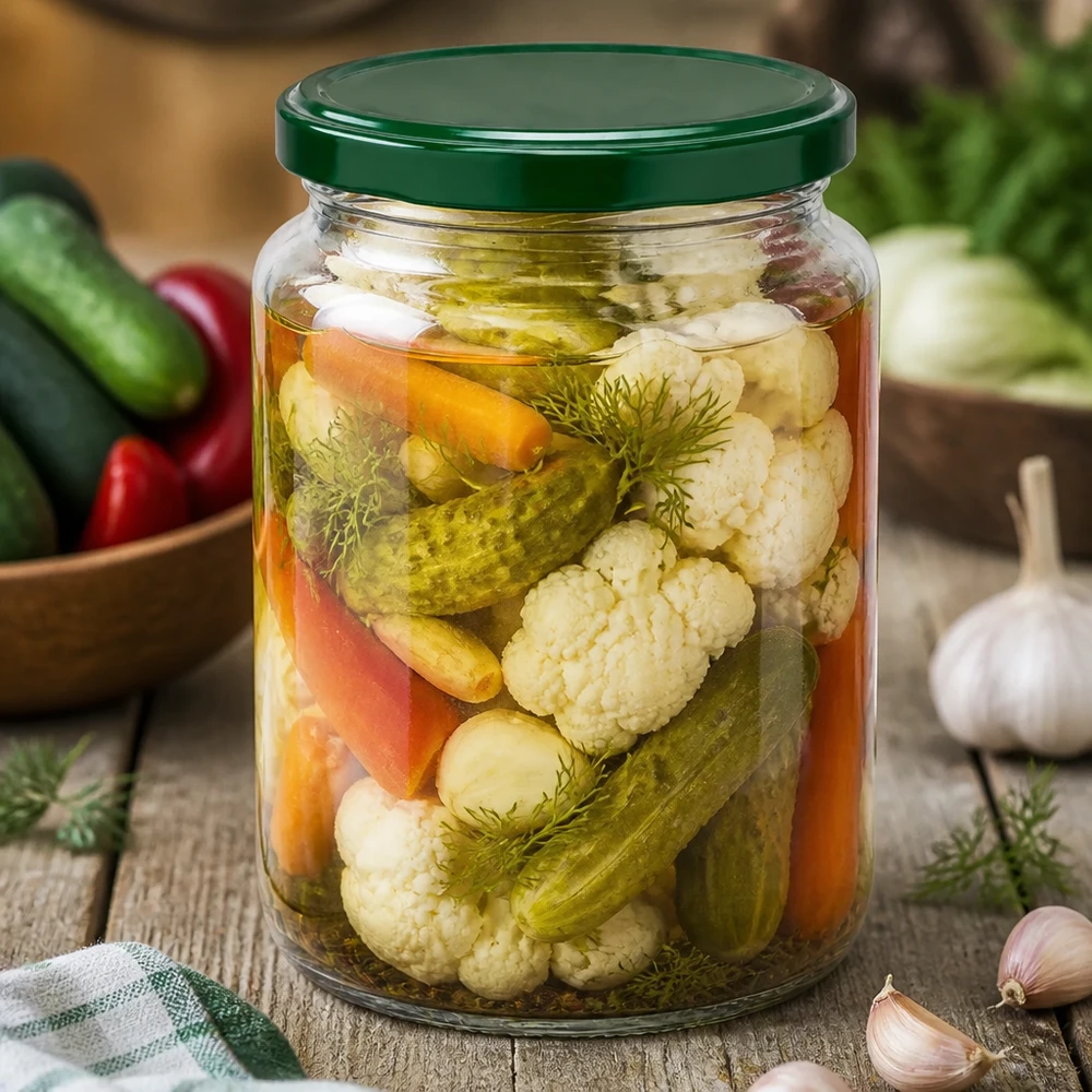 Barattolo rotondo da 795 ml + coperchio BasicSeal verde UNiTWIST UNiTWIST vaso rotondo 795ml con verdure miste sottaceto e aneto - coperchio verde BasicSeal per conservare e fermentare