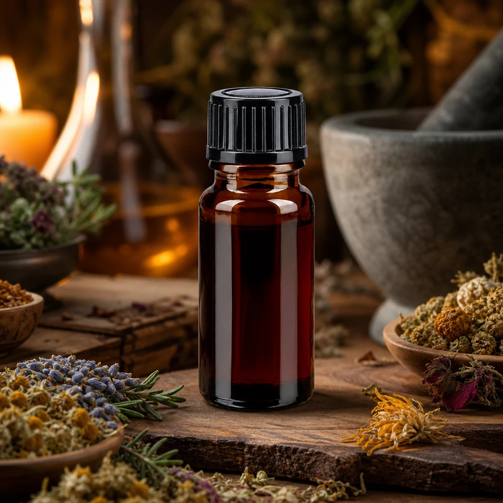 Flacone da farmacia scuro da 10 ml con tappo a vite, circondato da erbe medicinali essiccate e fiori