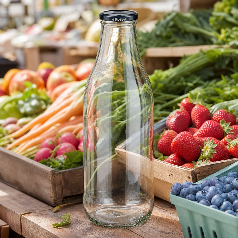 Bottiglia di vetro da 1000 ml + coperchio BioSeal nero UN.. Bottiglia di vetro da 1000 ml Coperchio BioSeal bancarella del mercato nero frutta fresca verdura fragole mirtilli sostenibile regionale
