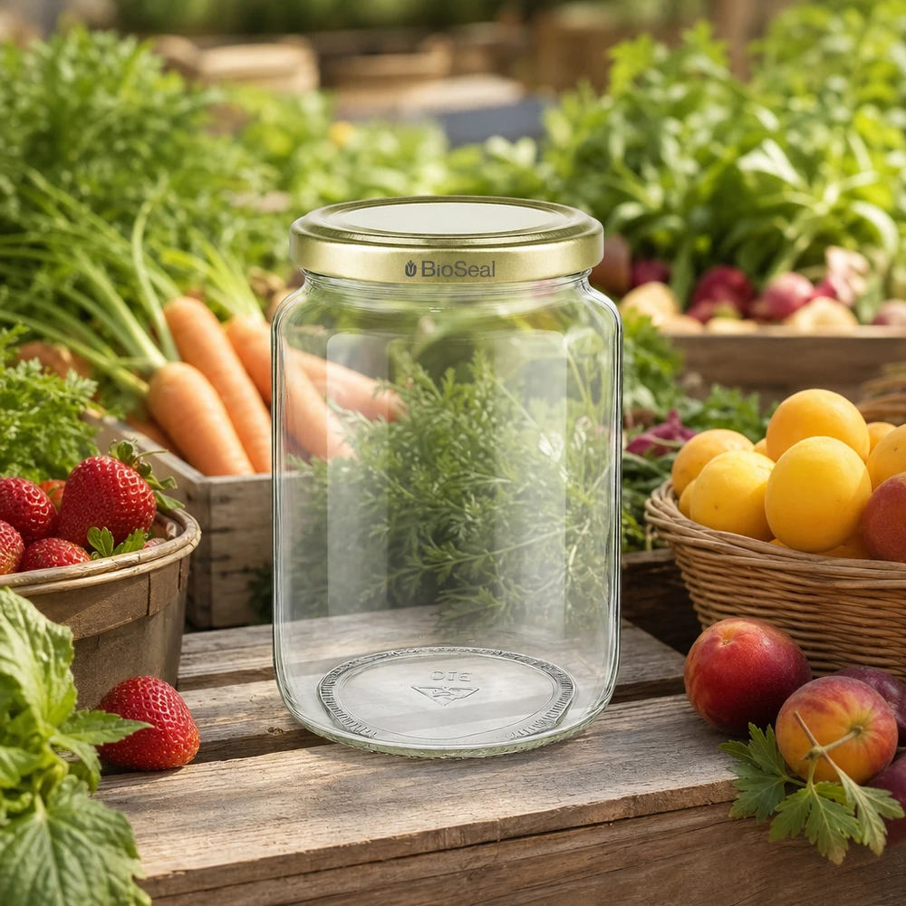 Vasetto per miele da 1000 g con capsula dorata BioSeal UNiTWIST Il vasetto di miele BioSeal da 1000 g, circondato da frutta e verdura fresche, mostra la freschezza e la conservazione naturali
