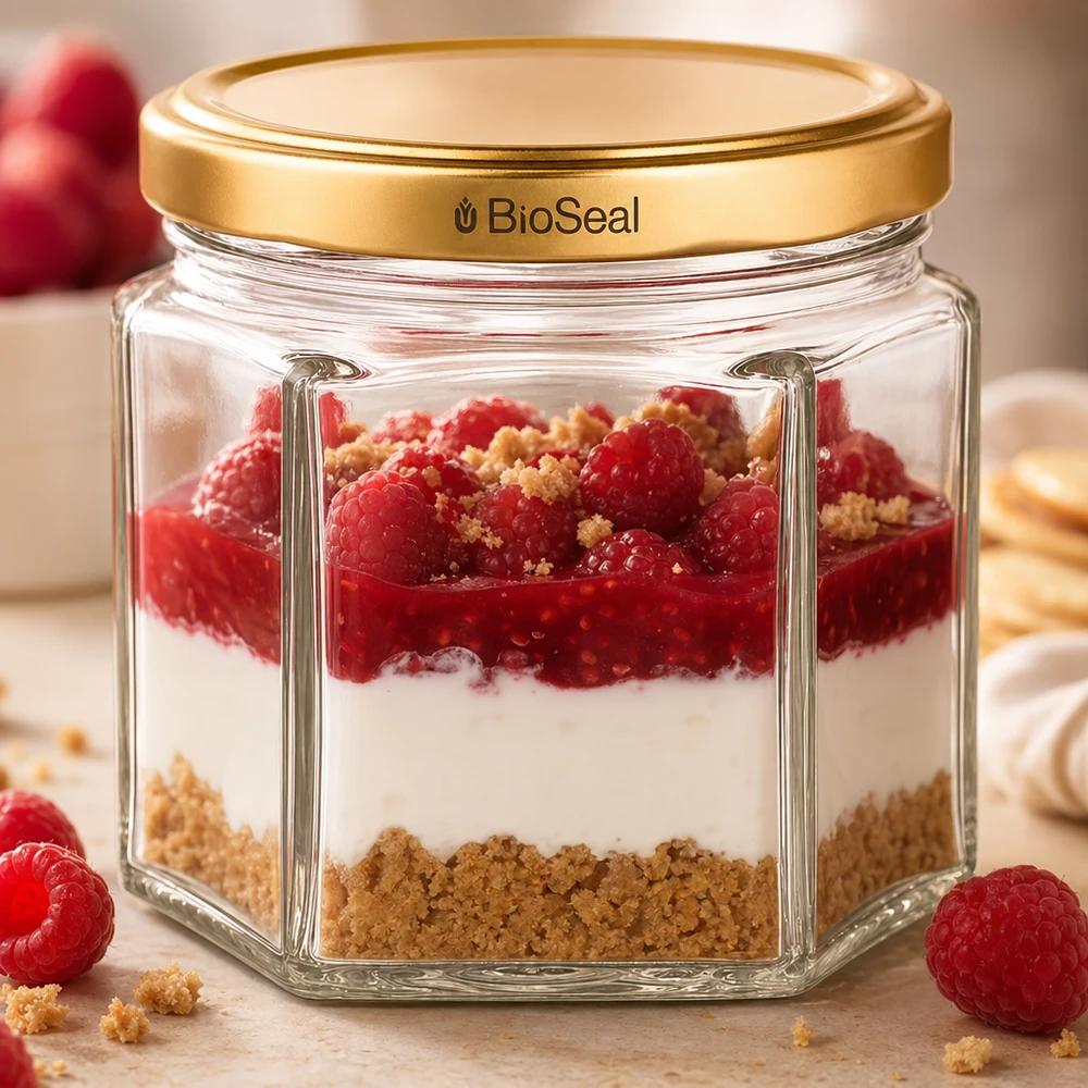 UNiTWIST Hexa47 con coperchio dorato TO43 BioSeal UNiTWIST Hexa47 con coperchio BioSeal dorato come vasetto da dessert riempito con dessert a strati e crumble ai lamponi