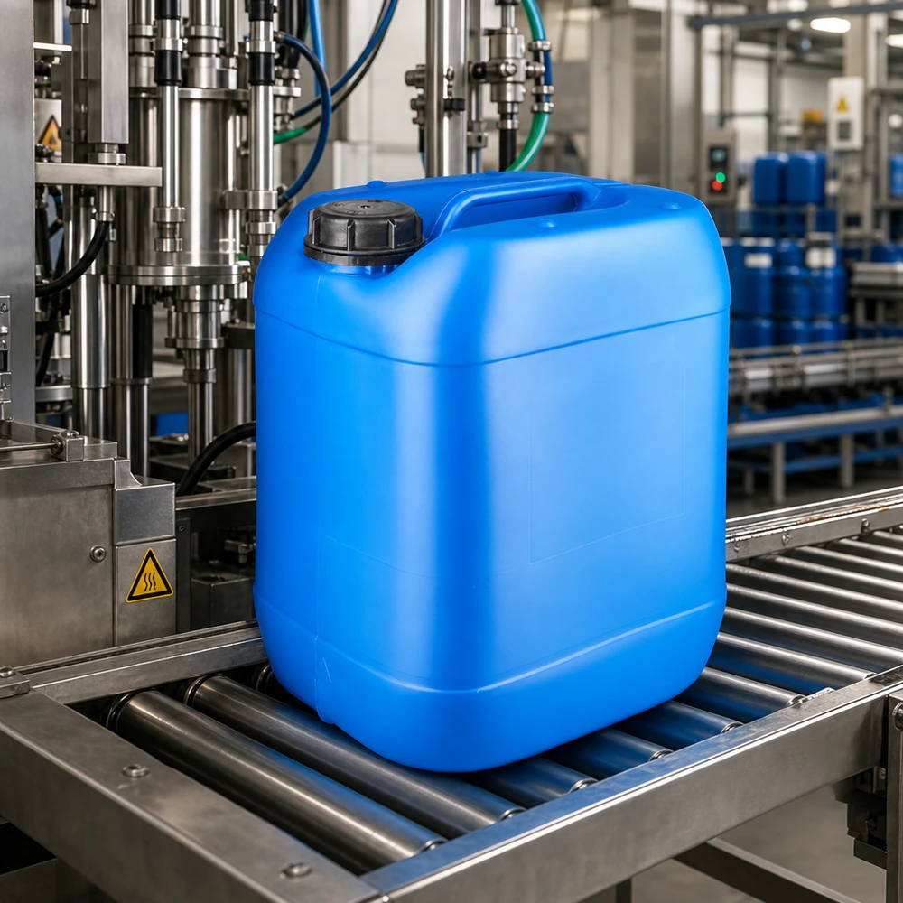 Tanica blu da 20 litri con tappo a vite su nastro trasportatore in un impianto di riempimento industriale